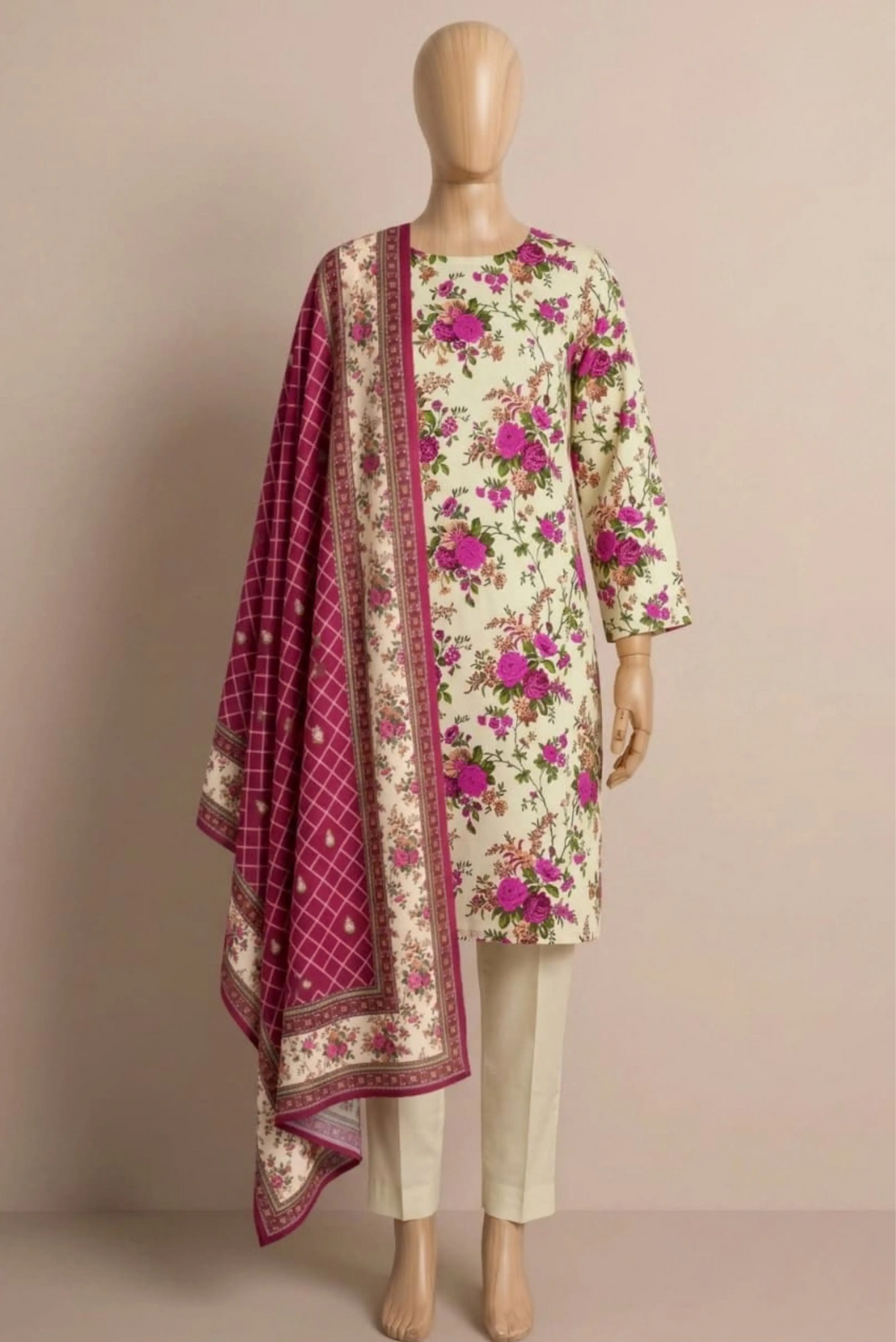 3 Pieces - Rijja By Murashe Unstitched Cream-Pink Ladies Khaddar Suit