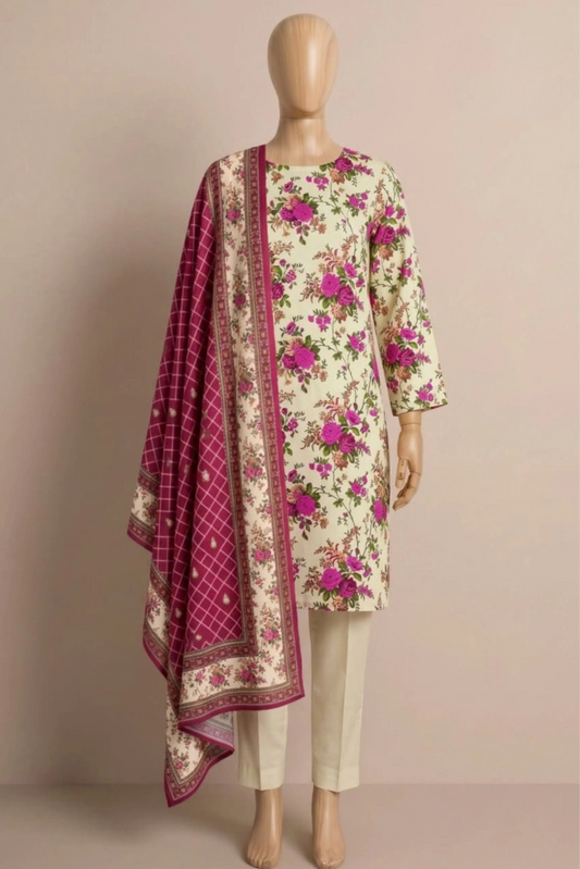 3 Pieces - Rijja By Murashe Unstitched Cream-Pink Ladies Khaddar Suit