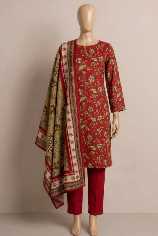 3 Pieces - Rijja By Murashe Unstitched Red Ladies Printed  Khaddar Suit