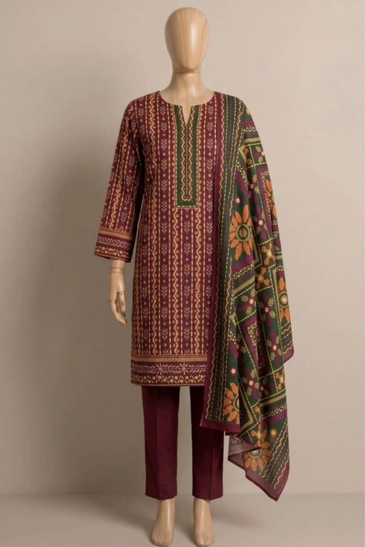 3 Pieces - Rijja By Murashe Unstitched Maroon Ladies Khaddar Suit