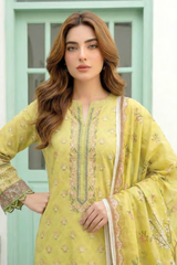 3 Pieces - Lakhany  Unstitched Lemon Lawn Suit