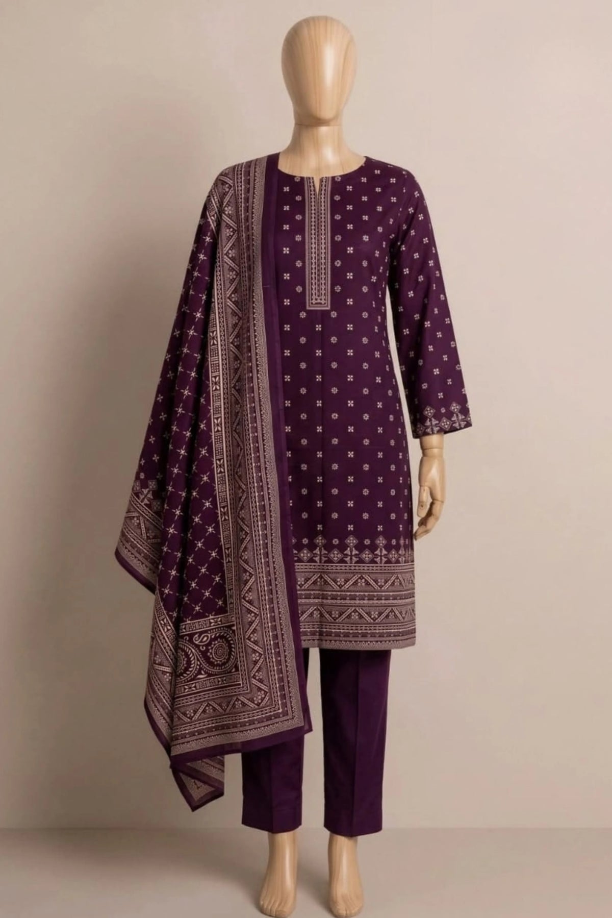 3 Pieces - Rijja By Murashe Unstitched Purple Ladies Printed  Khaddar Suit