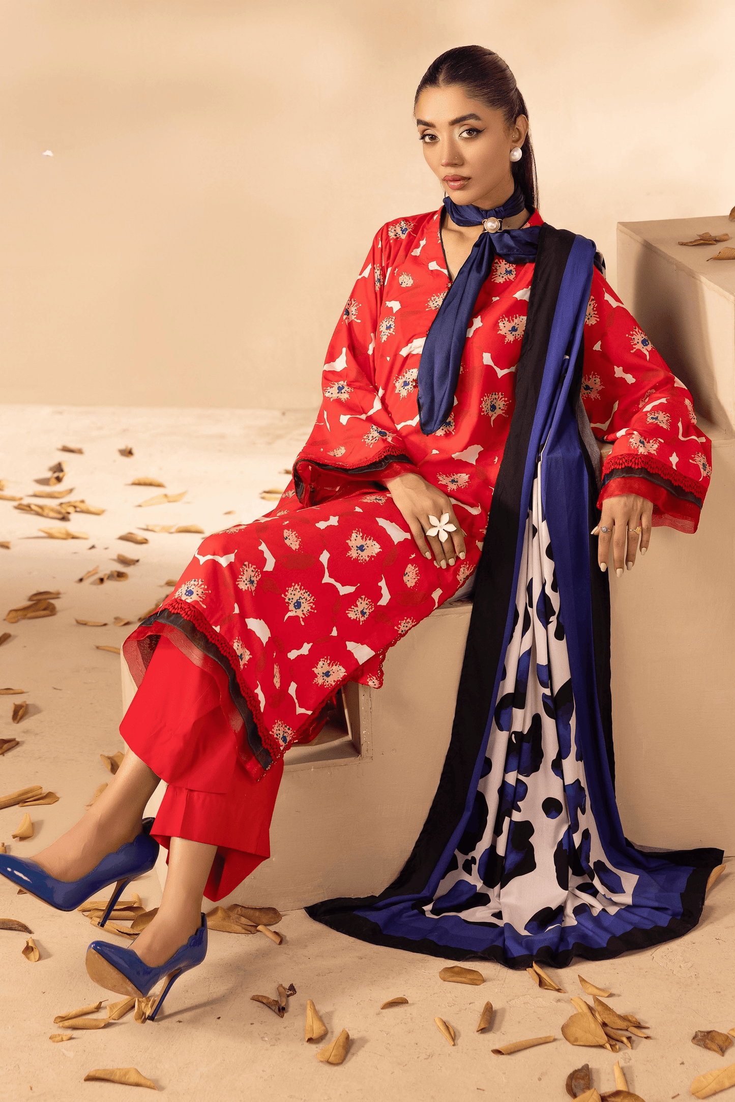 3 Pieces - Rangreza Unstitched Red Printed Linen Suit