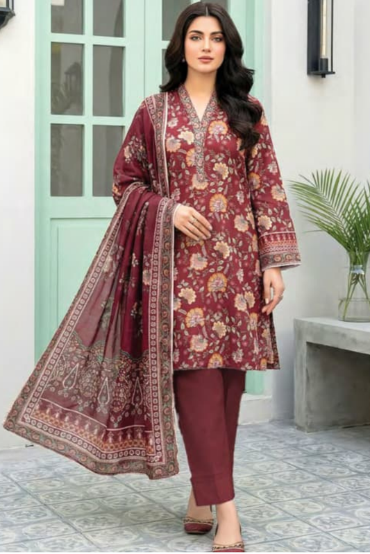 3 Pieces - Lakhany  Unstitched Maroon Lawn Suit