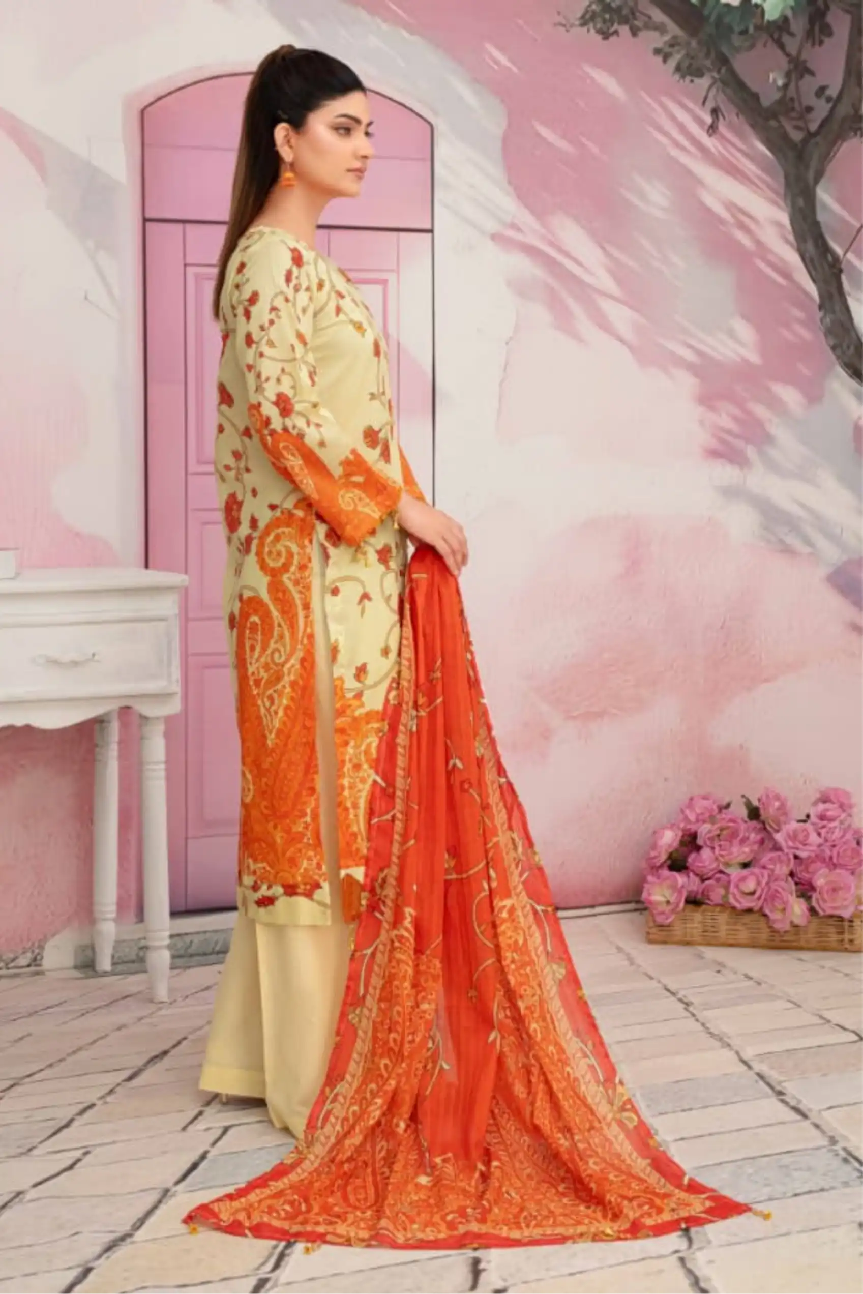 3 Piece - Fabiha By Feroza Unstitched Orange Lawn Suit