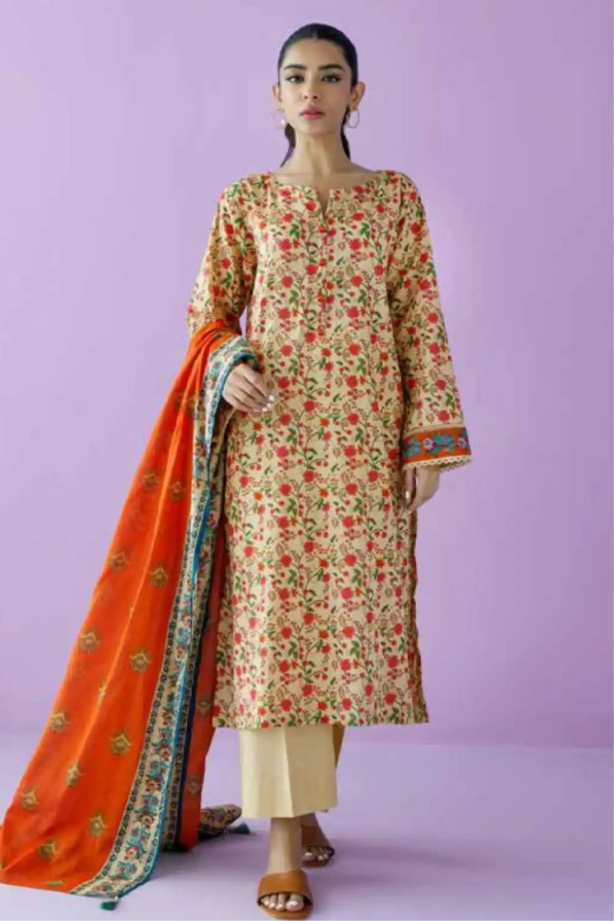 3 Pieces - Orient Unstitched  Cream Ladies Lawn Suit