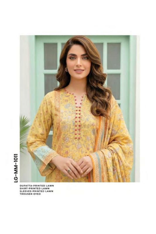 3 Pieces - Lakhany  Unstitched Yellow Lawn Suit