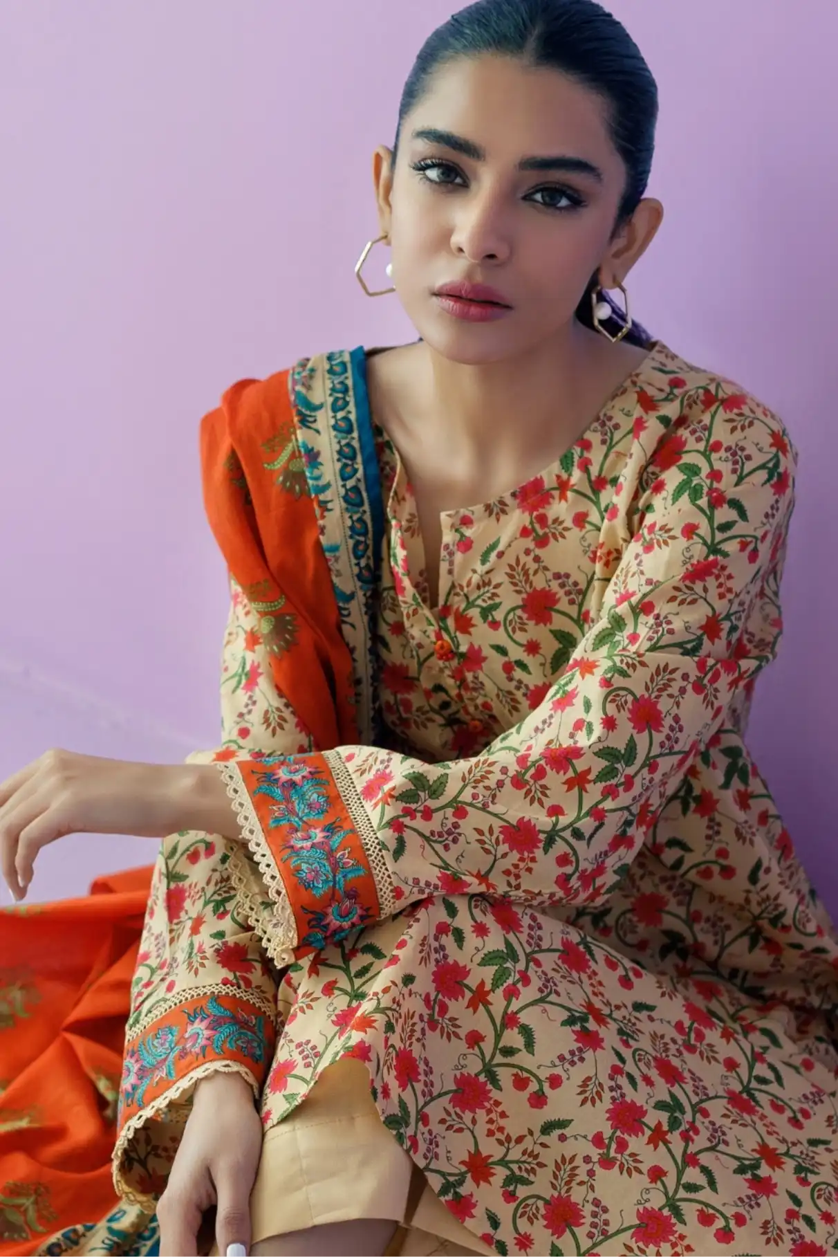 3 Pieces - Orient Unstitched  Cream Ladies Lawn Suit