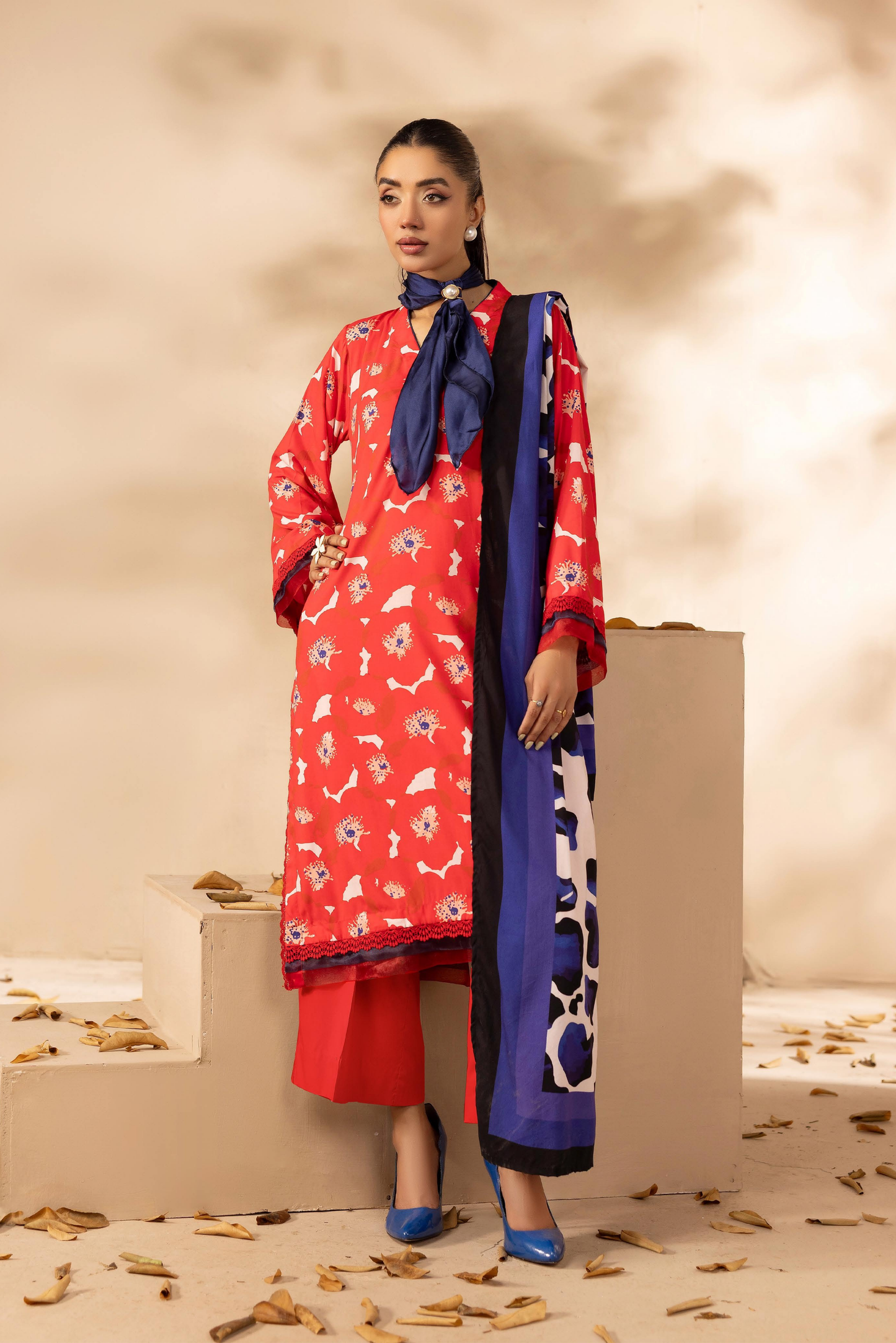 3 Pieces - Rangreza Unstitched Red Printed Linen Suit