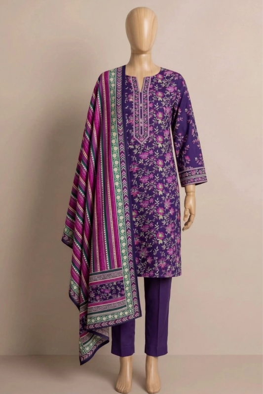 3 Pieces - Rijja By Murashe Unstitched Purple Ladies Khaddar Suit