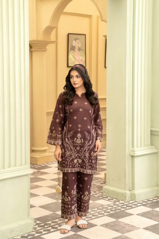 2 Piece: Coco Print By Marooj  Maroon Lawn Suit