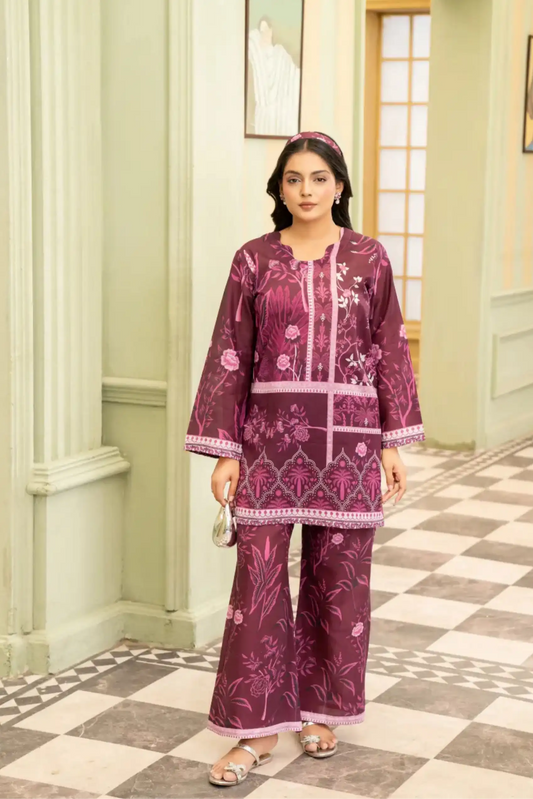 2 Piece: Coco Print By Marooj  Plum Lawn Suit