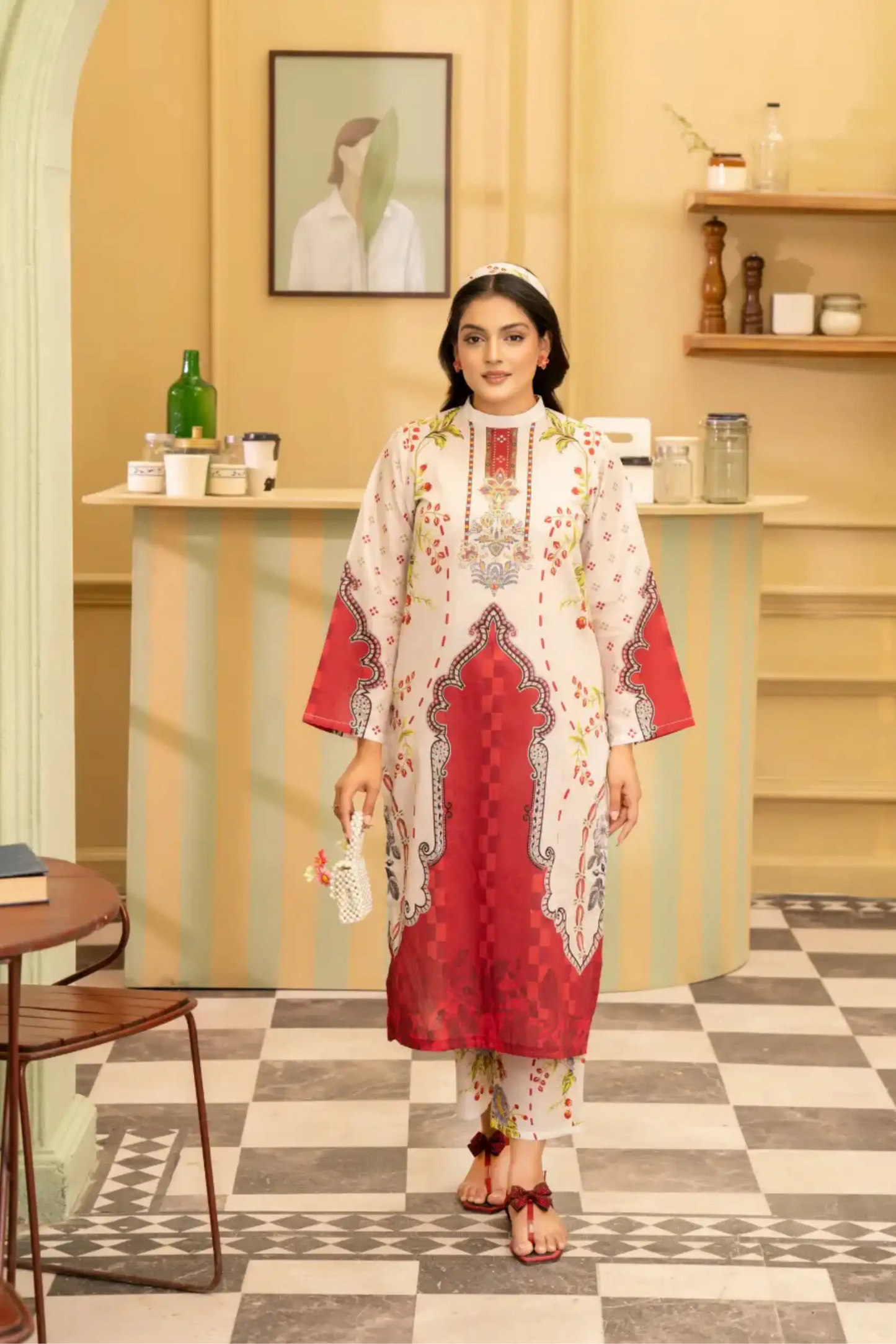 2 Piece: Coco Print By Marooj  Red Ladies Lawn Suit