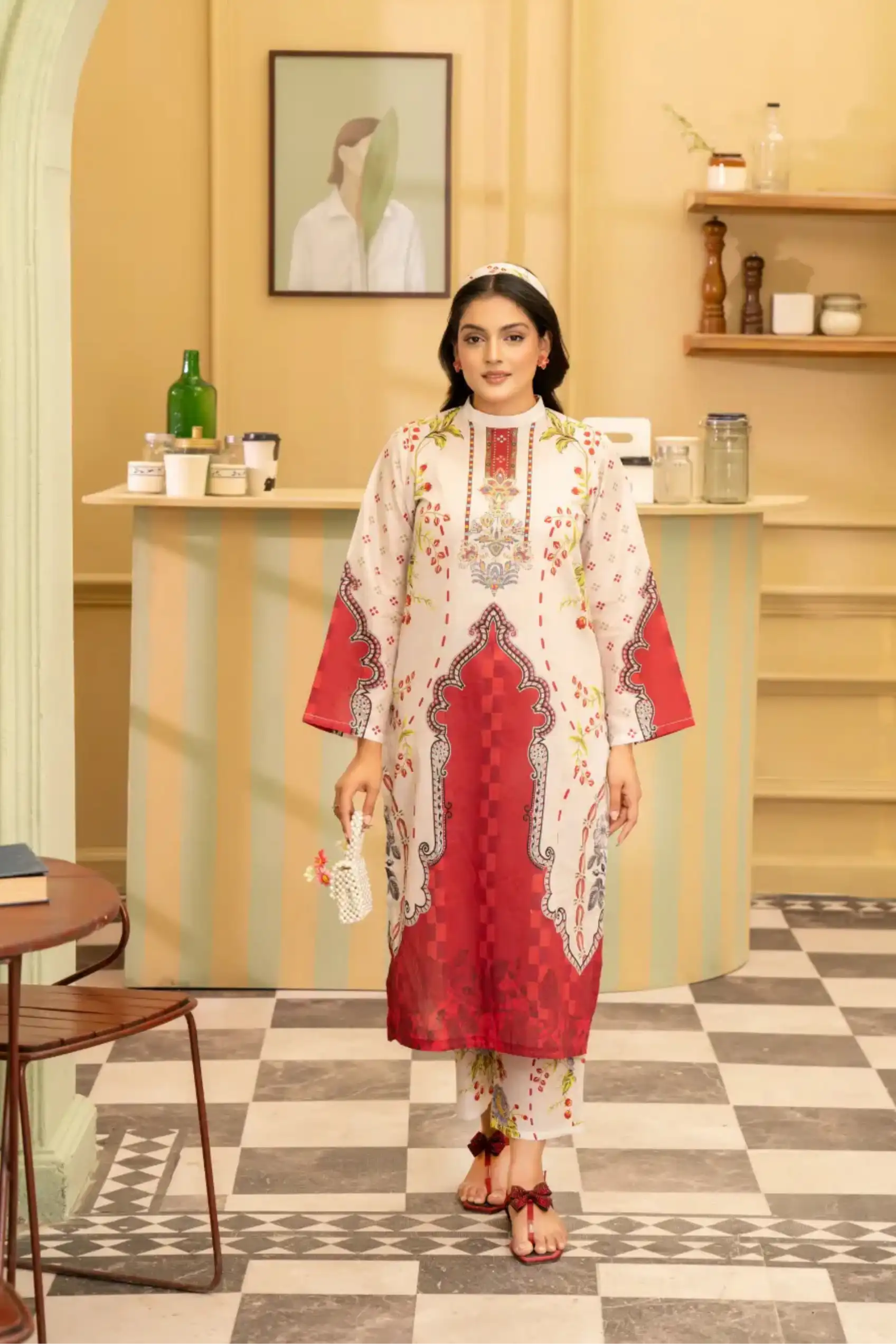 2 Piece: Coco Print By Marooj  Red Ladies Lawn Suit