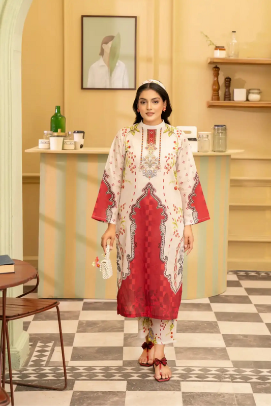 2 Piece: Coco Print By Marooj  Red Ladies Lawn Suit