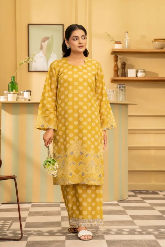 2 Piece: Coco Print By Marooj  Yellow Lawn Suit
