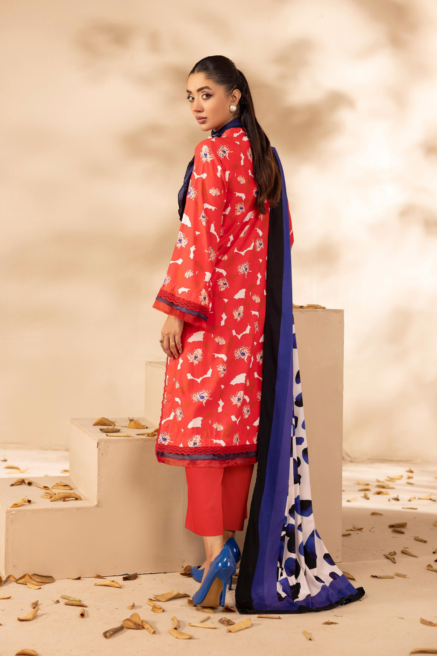 3 Pieces - Rangreza Unstitched Red Printed Linen Suit