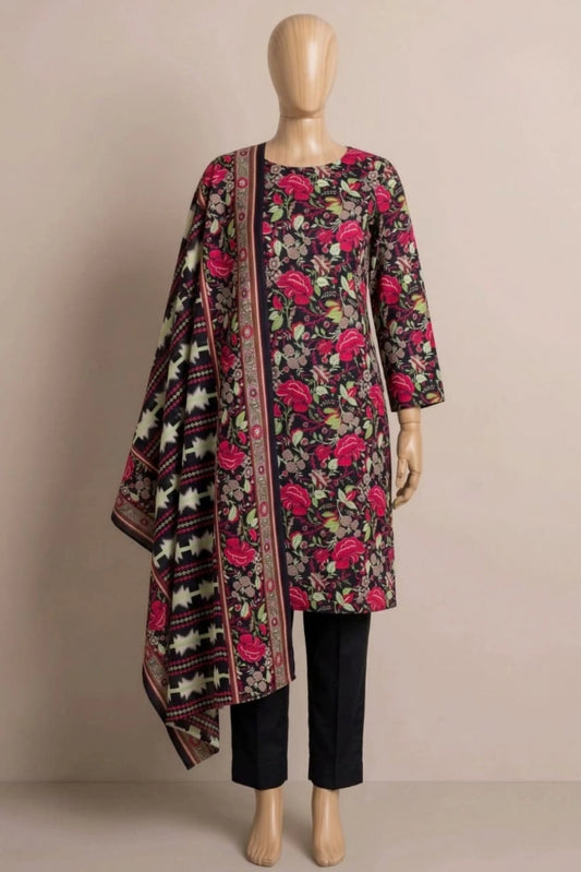 3 Pieces - Rijja By Murashe Unstitched Black Ladies Printed  Khaddar Suit