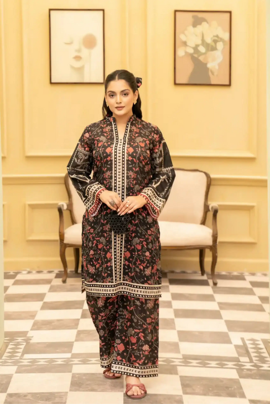 2 Piece: Coco Print By Marooj  Black Lawn Suit