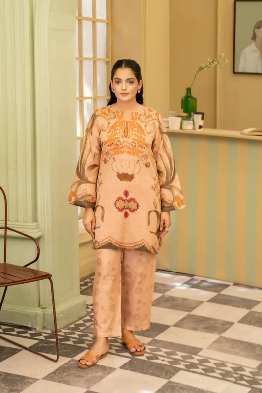 2 Piece: Coco Print By Marooj Peach Ladies Lawn Suit
