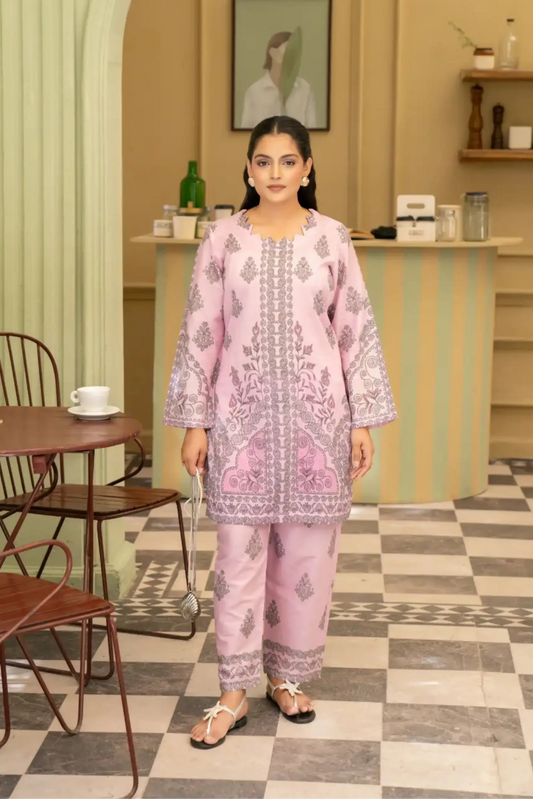2 Piece: Coco Print By Marooj Baby Pink  Lawn Suit