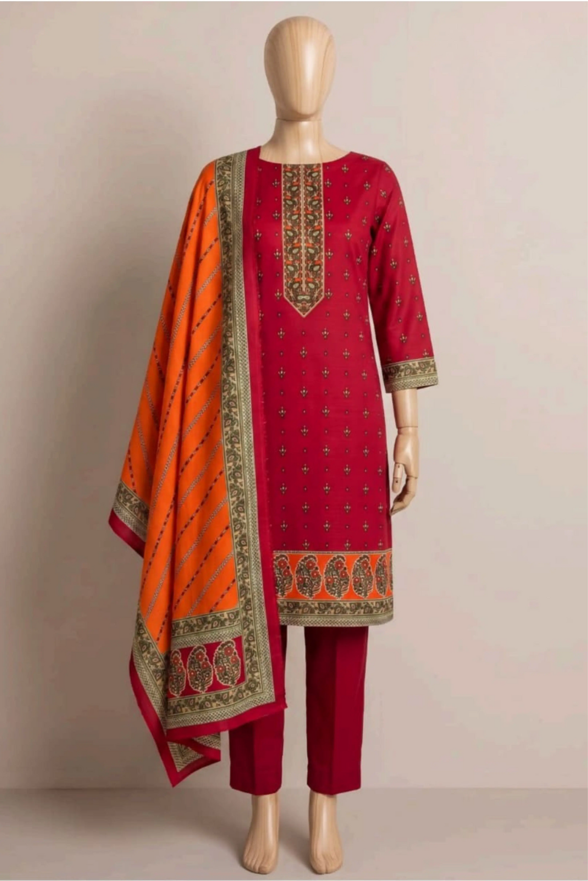 3 Pieces - Rijja By Murashe Unstitched Redish Pink Ladies Khaddar Suit