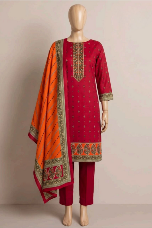 3 Pieces - Rijja By Murashe Unstitched Redish Pink Ladies Khaddar Suit