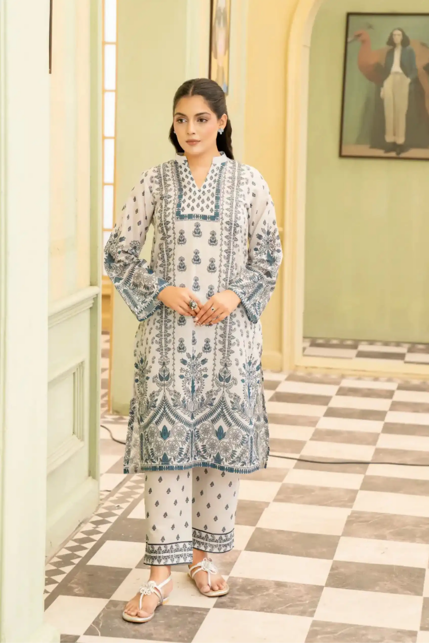 2 Piece: Coco Print By Marooj White Blue Lawn Suit