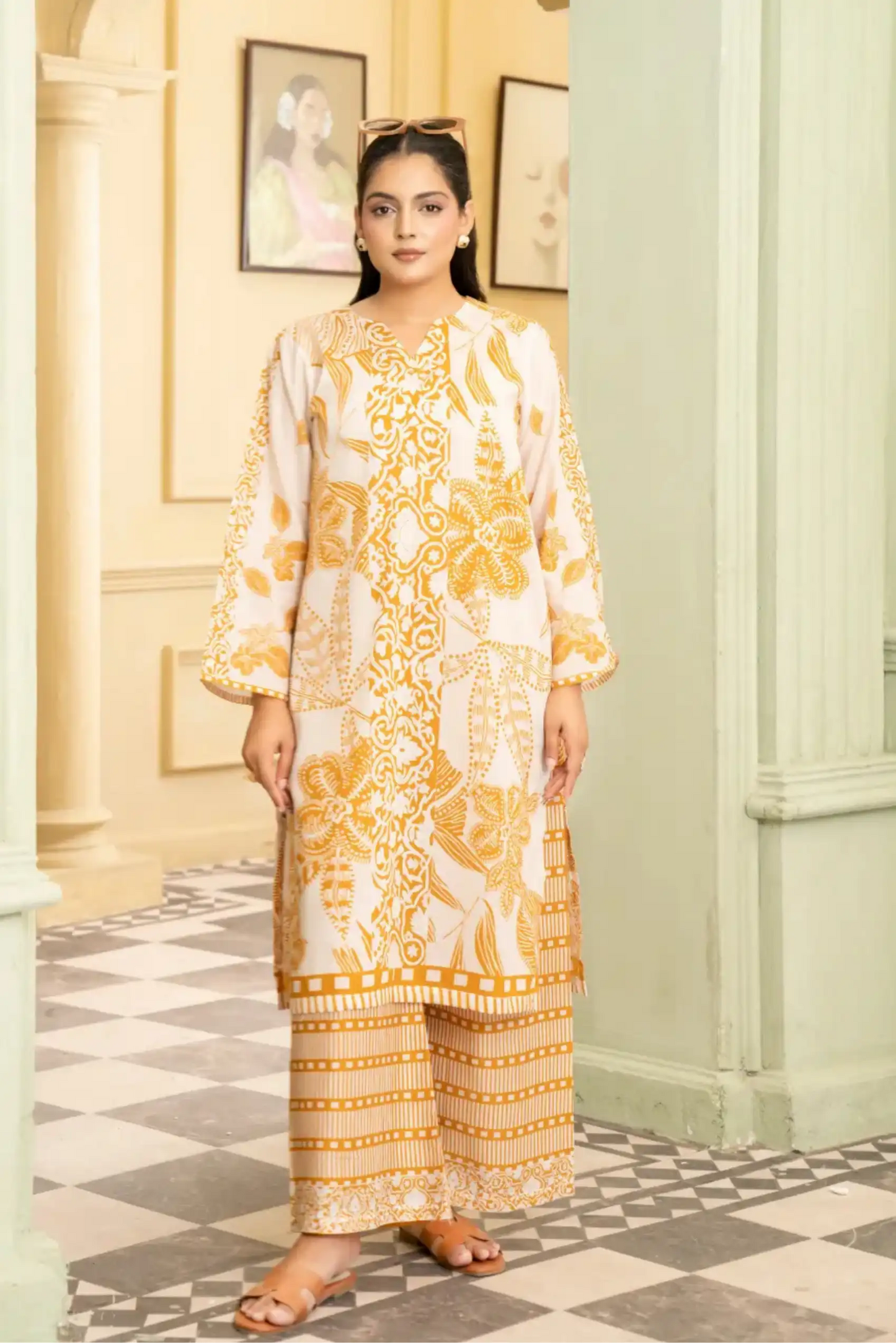 2 Piece: Coco Print By Marooj Yellow White Lawn Suit