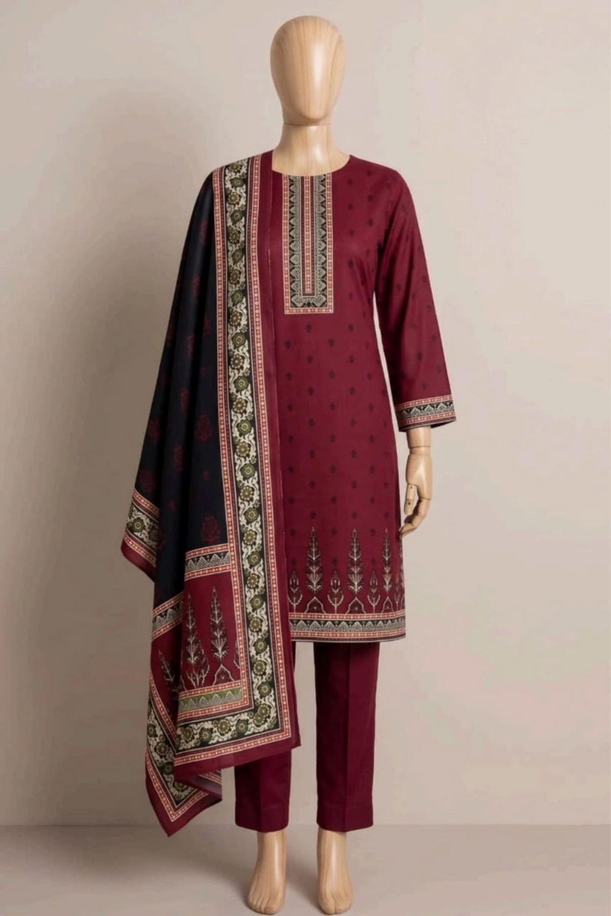 3 Pieces - Rijja By Murashe Unstitched Maroon Ladies Khaddar Suit