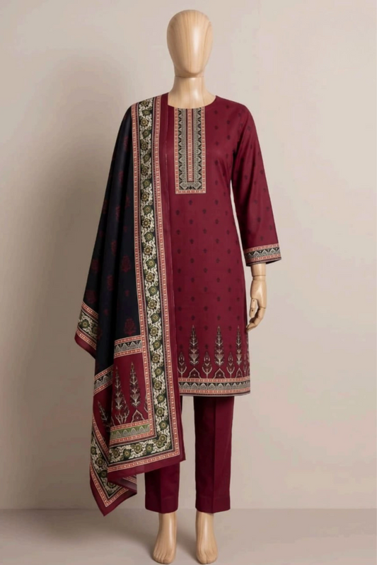 3 Pieces - Rijja By Murashe Unstitched Maroon Ladies Khaddar Suit