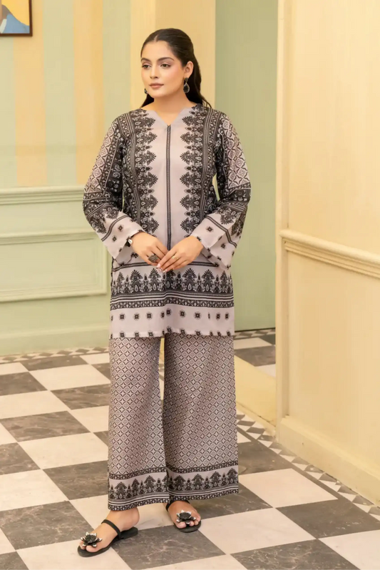 2 Piece: Coco Print By Marooj Grey Black Lawn Suit