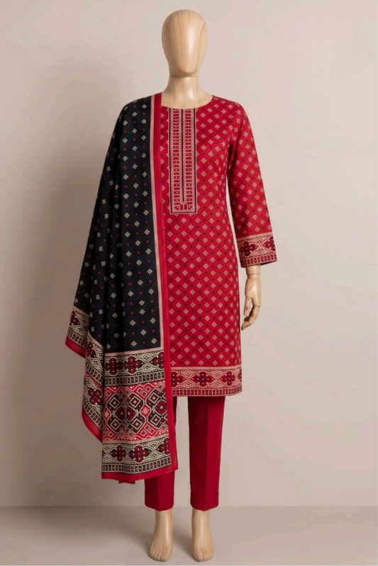 3 Pieces - Rijja By Murashe Unstitched Red Ladies Khaddar Suit