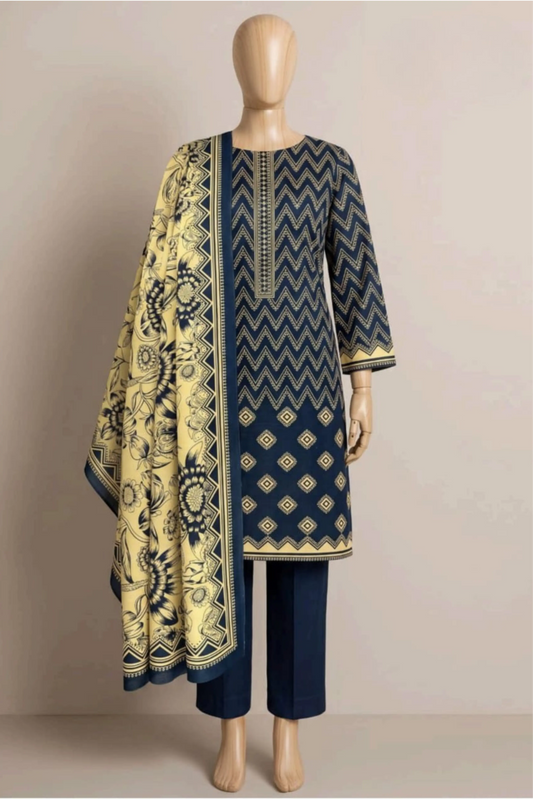 3 Pieces - Rijja By Murashe Unstitched Navy Blue Ladies Khaddar Suit