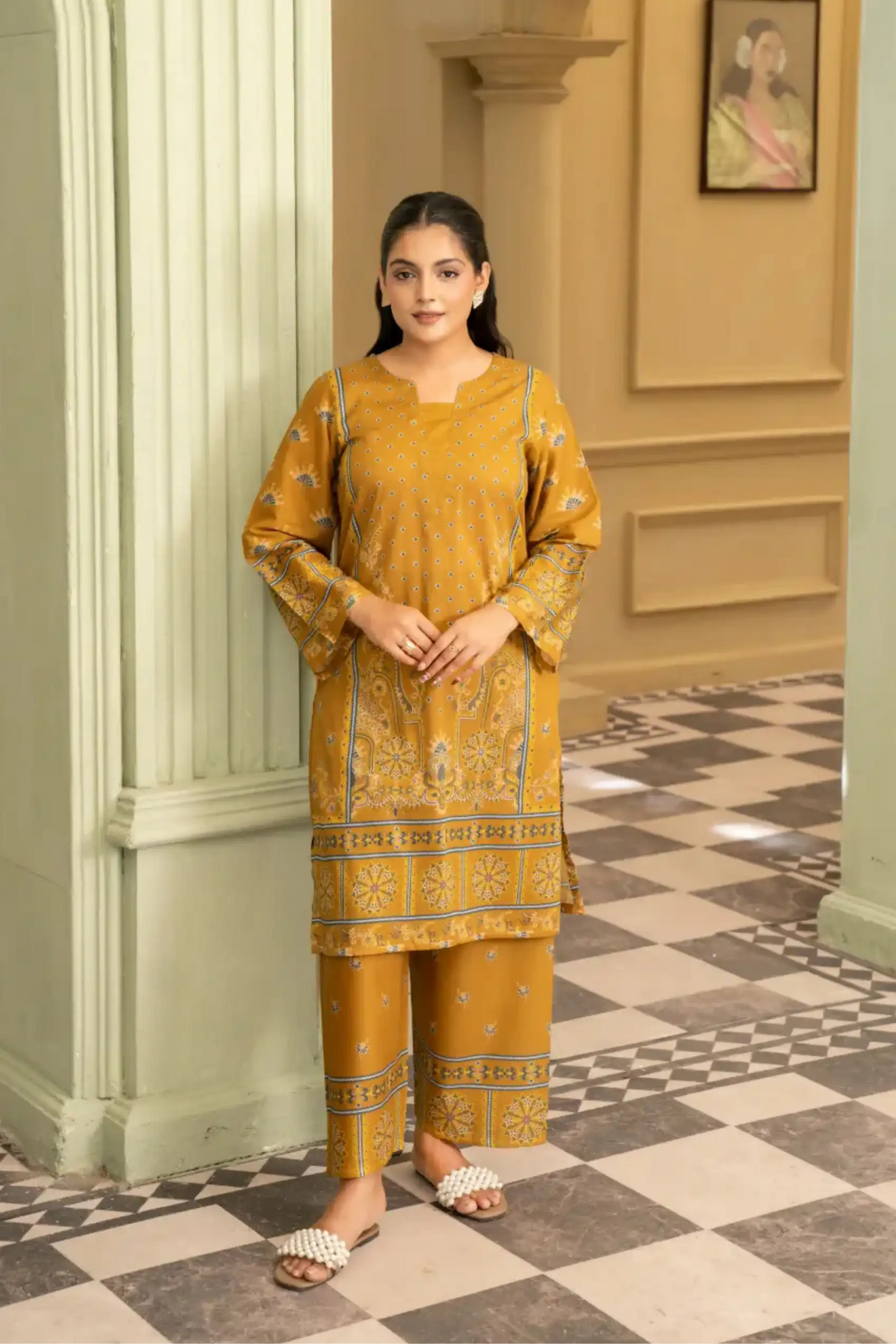 2 Piece: Coco Print By Marooj Mustard Lawn Suit