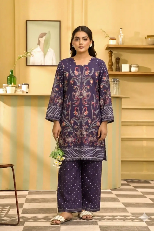 2 Piece: Coco Print By Marooj Purple Lawn Suit