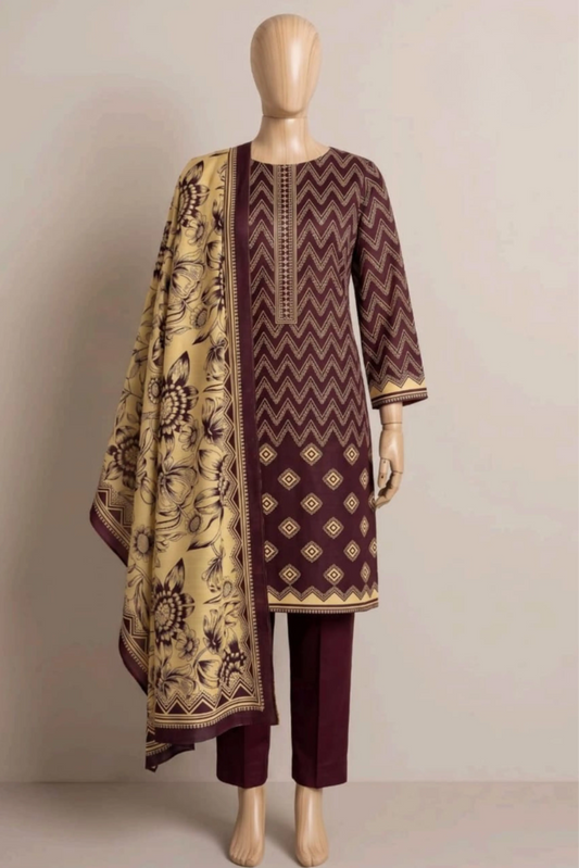 3 Pieces - Rijja By Murashe Unstitched Dark Mehroon Ladies Khaddar Suit