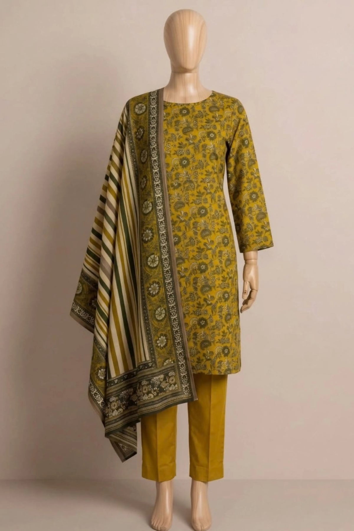 3 Pieces - Rijja By Murashe Unstitched Mustard Ladies Printed  Khaddar Suit