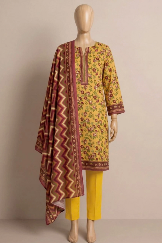 3 Pieces - Rijja By Murashe Unstitched Yellow Ladies Khaddar Suit