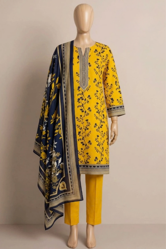 3 Pieces - Rijja By Murashe Unstitched Mustard Ladies Khaddar Suit