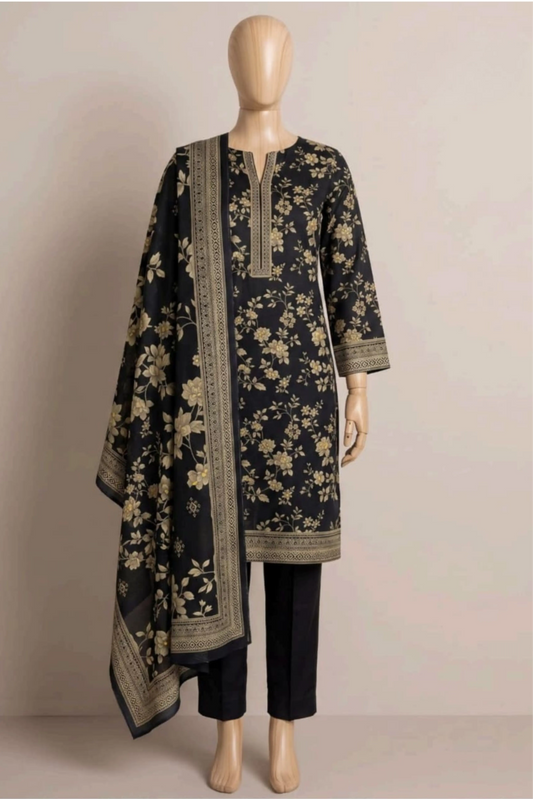 3 Pieces - Rijja By Murashe Unstitched Black Ladies Khaddar Suit