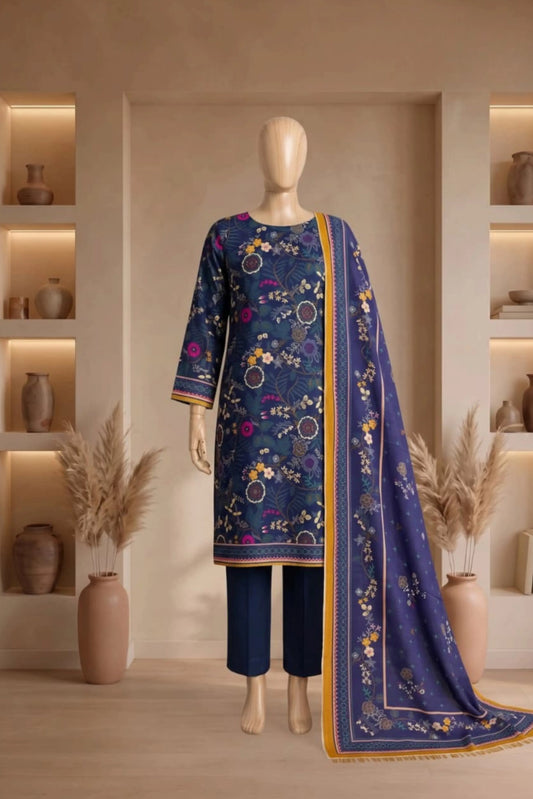 3 Pieces - Rijja By Murashe  Unstitched Navy Blue Ladies Printed Linen Suit