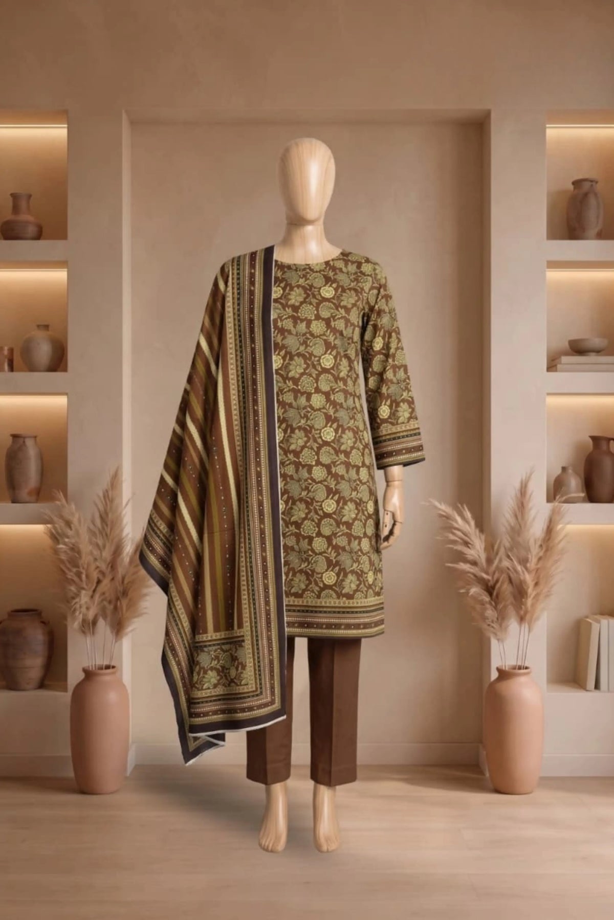 3 Pieces - Rijja By Murashe  Unstitched Brown Ladies Printed Linen Suit
