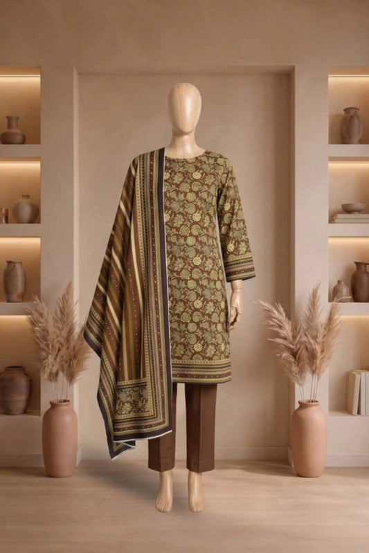 3 Pieces - Rijja By Murashe  Unstitched Brown Ladies Printed Linen Suit
