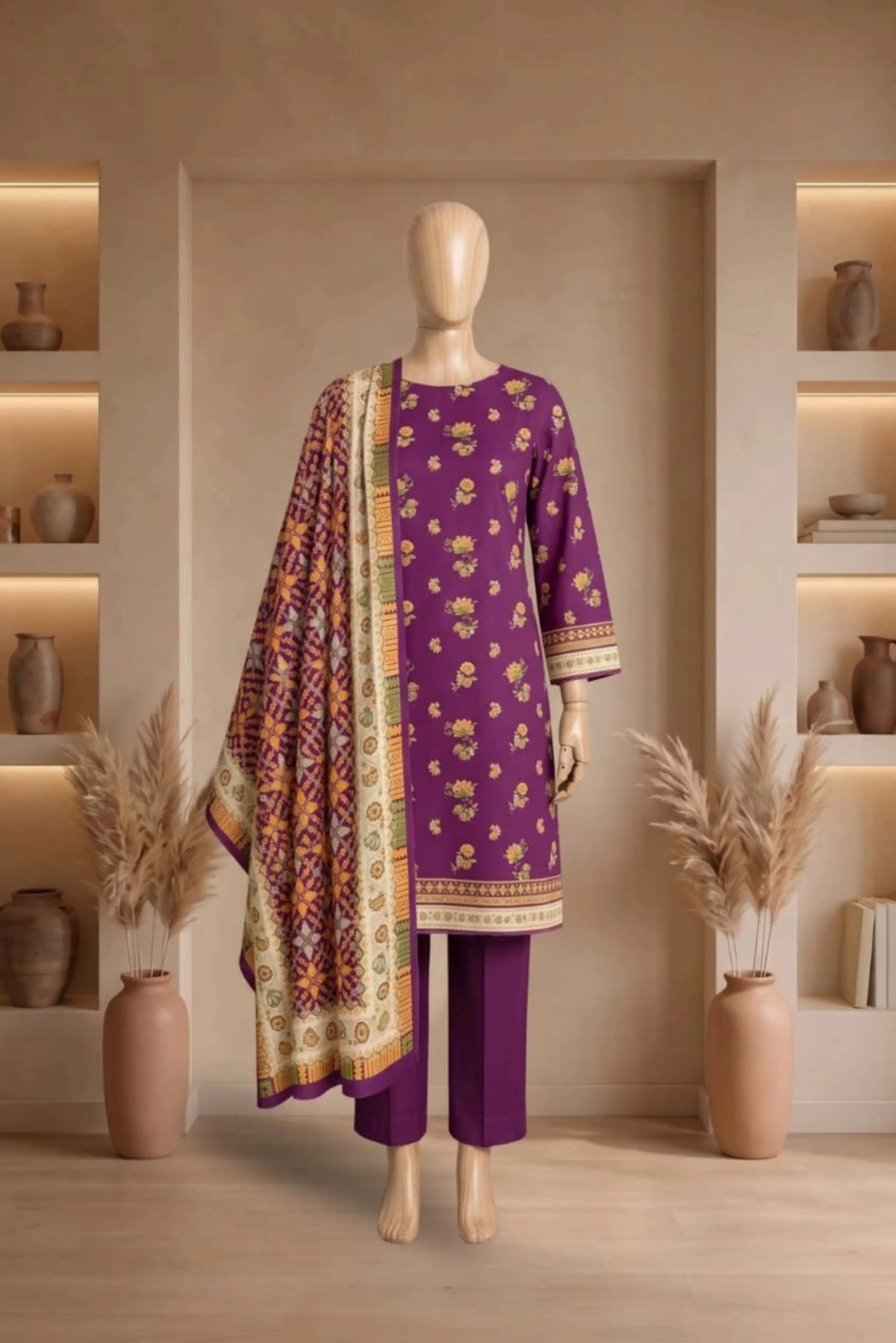 3 Pieces - Rijja By Murashe  Unstitched Purple Ladies Printed Linen Suit