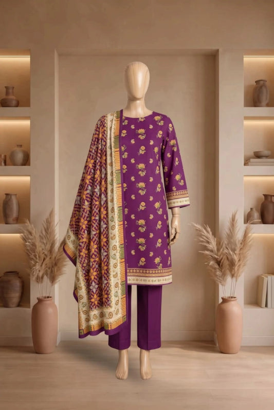 3 Pieces - Rijja By Murashe  Unstitched Purple Ladies Printed Linen Suit