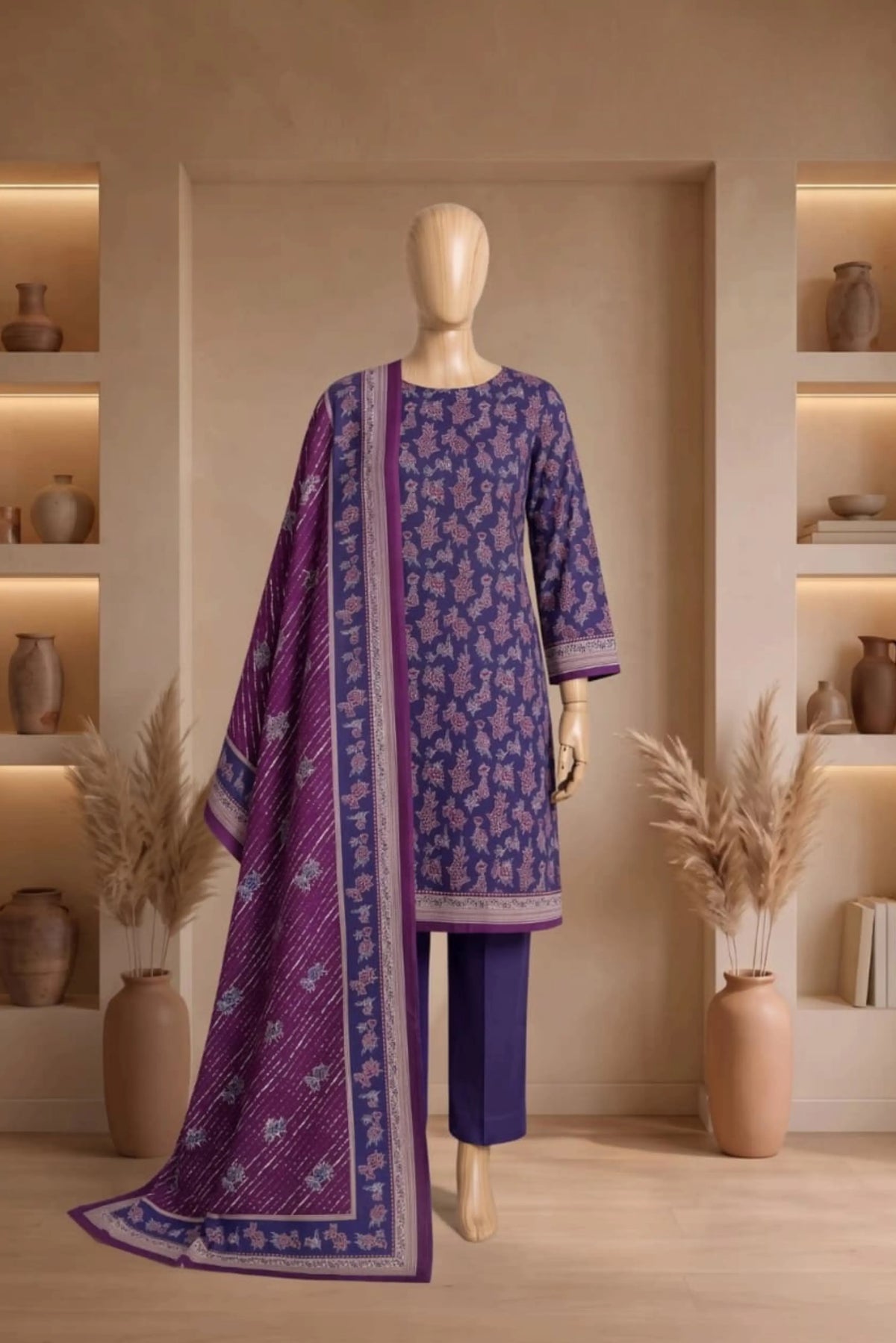 3 Pieces - Rijja By Murashe  Unstitched Navy Blue  Ladies Printed Linen Suit
