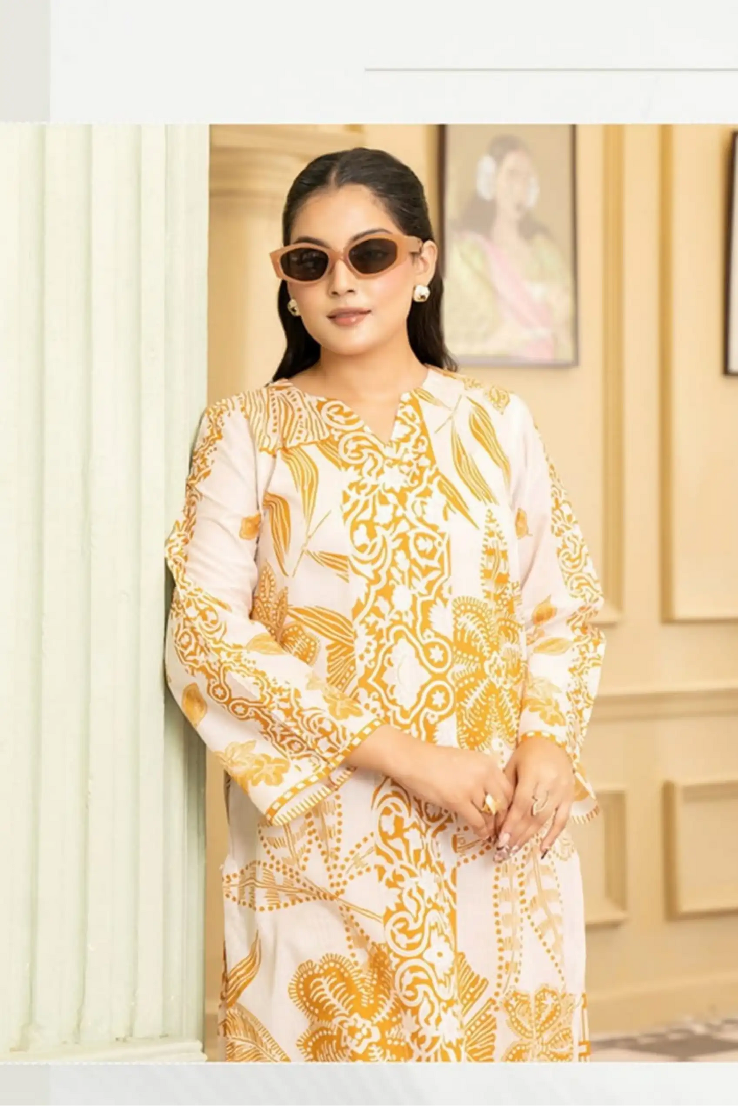 2 Piece: Coco Print By Marooj Yellow White Lawn Suit