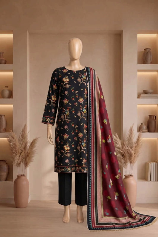 3 Pieces - Rijja By Murashe  Unstitched Black Ladies Printed Linen Suit