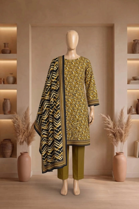 3 Pieces - Rijja By Murashe  Unstitched Mustard Ladies Printed Linen Suit